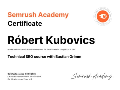 Certifkát: Technical SEO course